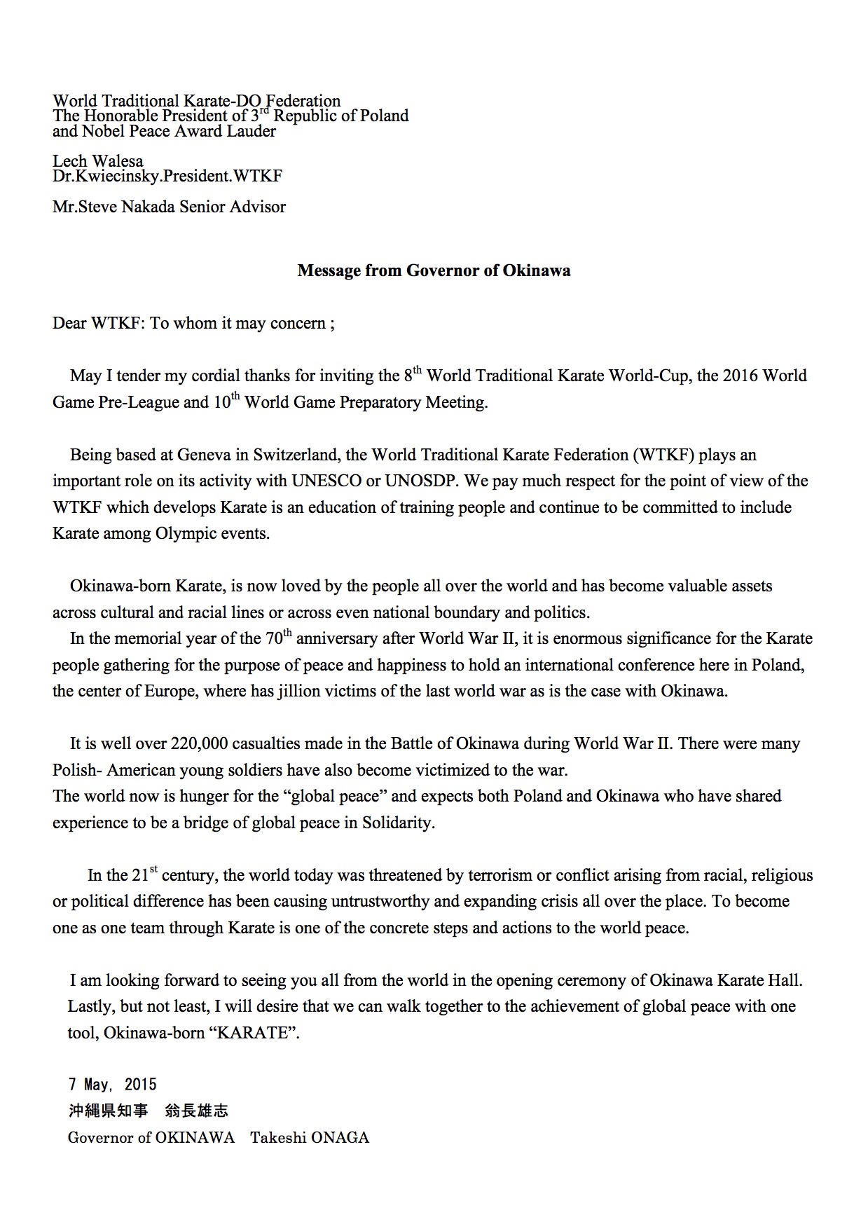 Letter from Governor of Okinawa 5-2015